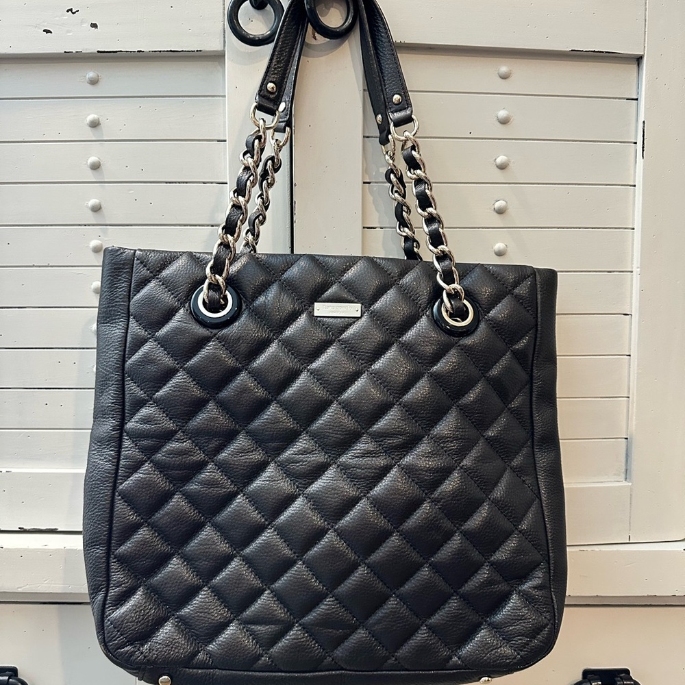 Kate Spade Black Quilted Tote Bag shoulder chain strap New York leather handbag